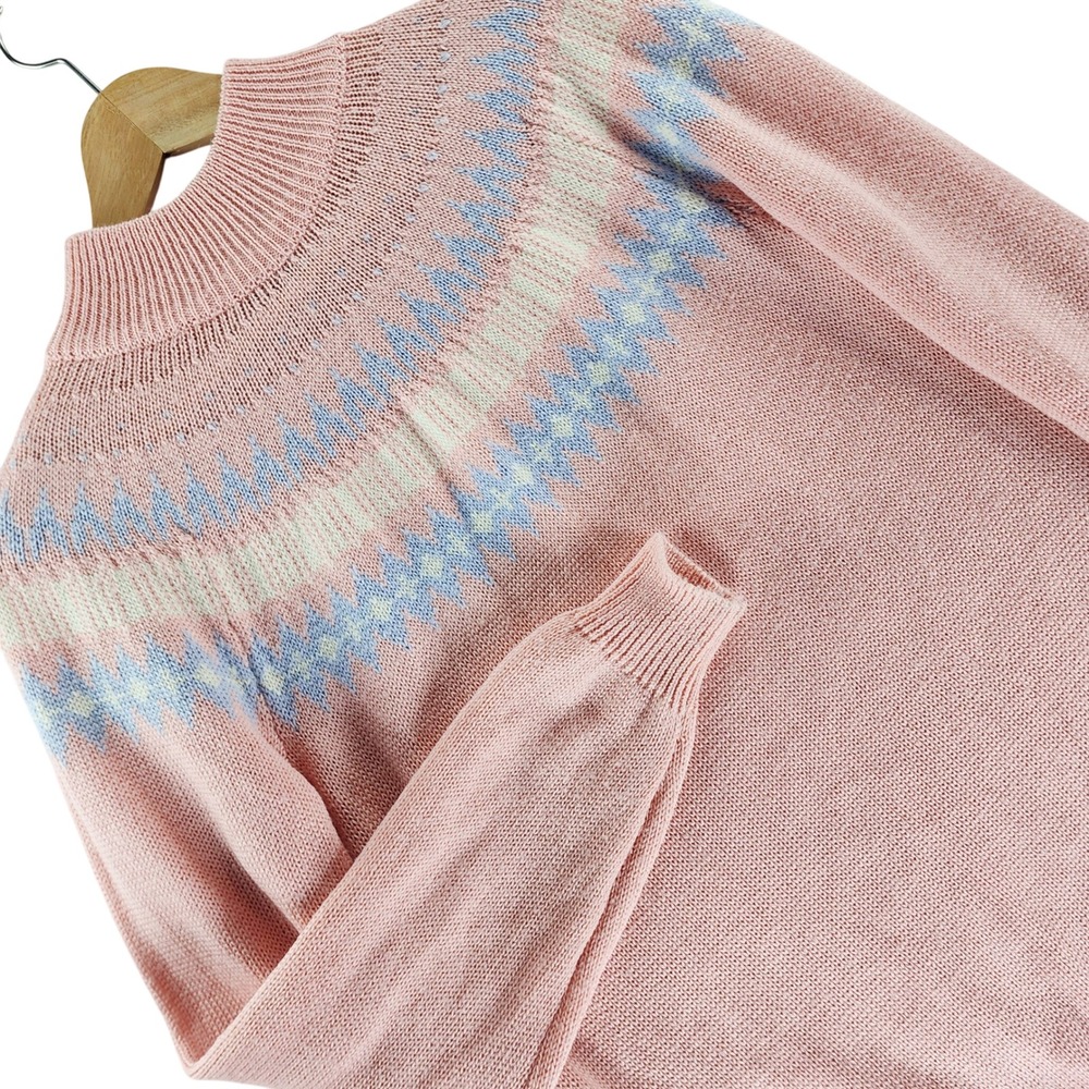 Club Nine Sweater Women Medium Pink Fair Isle Yoke Mock Neck Acrylic Wool Blend